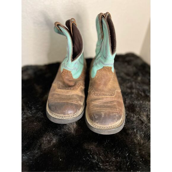 Justin Gypsy Boots Roper Style Womens 10 B Waterproff Round Toe Brown & Teal - Picture 1 of 5